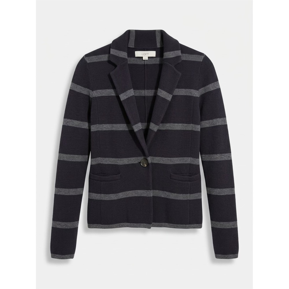 LOFT Cardigan Blazer Women SP Navy Blue Grey Striped Knit Sweater